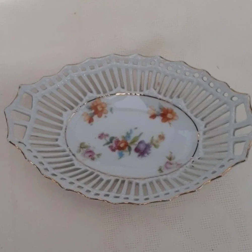vintage Reticulated Floral dish ceramic bowl cottagecore serveware candy soap